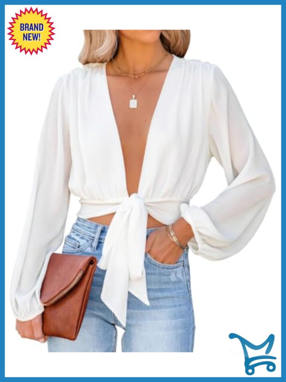 Deep V Neck Wrap Tie Front Crop Top Long Puff Sleeve Blouse
